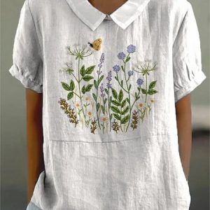 Shawl Collar Half Sleeve Floral Regular Loose Blouse For Women, Blouses, color:White|size:4XL, catalog Noracora shop