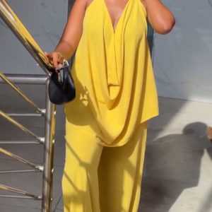 2 Pieces Outfit Plain Textured Cowl Neck Cold Shoulder Sleeveless Ruched Top and Casual Wide Leg Pants Set, women Two-piece Sets, ChicMe catalog