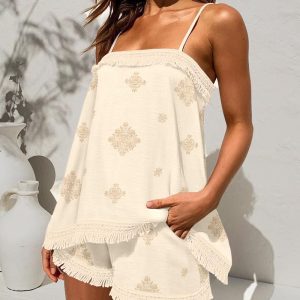 2 Piece Geometric Embroidery Spaghetti Strap Tassel Design Square Neck Top Casual Shorts Set, women Two-piece Sets, ChicMe catalog