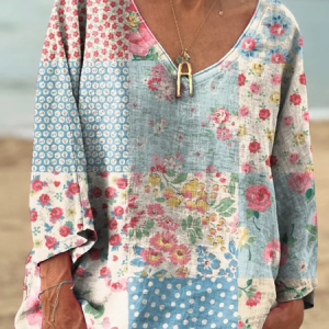 Women's Vintage Ethnic Floral Art Print Casual V-neck Long Sleeve Comfortable Cotton T-shirt, Long sleeves, Lilicloth.com