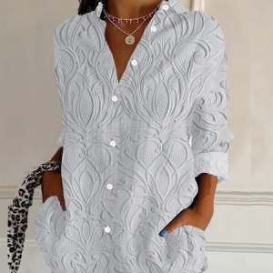 Women's Long Sleeve Shirt Spring/Fall Floral Buckle Shirt Collar Daily Going Out Casual Top, JustFashionNow Shirts, color:White|size:3XL,