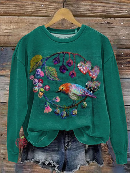 Women's Crew Neck Floral Printing Casual Spring/Fall Long Sleeve Sweatshirt, JustFashionNow Sweatshirts & Hoodies, color:Green|size:XXL,