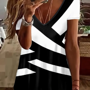 Casual Striped V Neck Short Sleeve T-shirt, T-shirts, color:Black-white|size:XXL, catalog Noracora shop