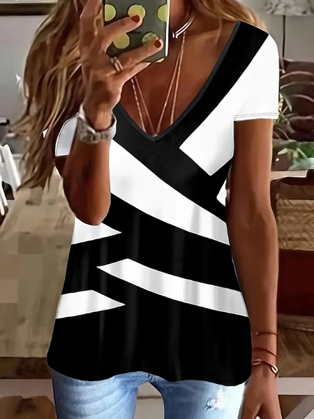 Women's Striped Short Sleeve Tee T-shirt V Neck Printing Casual Summer Graphic Tee Top, JustFashionNow T-Shirts, color:Black-white|size:XXL