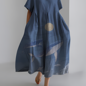 Women's Ocean Whale Art Print Vintage Round Neck Pleated Dress, Dresses, Lilicloth.com