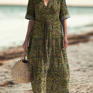 Women's Vintage Ethnic Art Patterns Print Pocket V-neck Cotton Dress, Dresses, Lilicloth.com