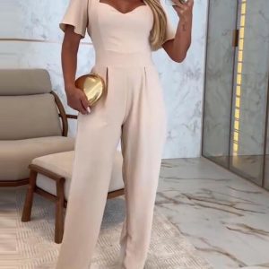 Plunge V Neck Short Sleeve Ruched Jumpsuit Casual Slim Fit Romper, women Jumpsuits, ChicMe catalog