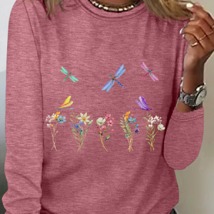 Dragonflies Wildflowers Casual Long Sleeve Shirt, Long sleeves, Lilicloth.com