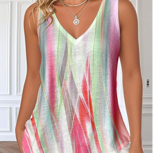 V Neck Casual Gradient Pattern Loose T-Shirt, Tank Tops, Lilicloth.com