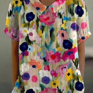Shawl Collar Half Sleeve Floral Regular Loose Blouse For Women, Blouses, color:As Picture|size:4XL, catalog Noracora shop