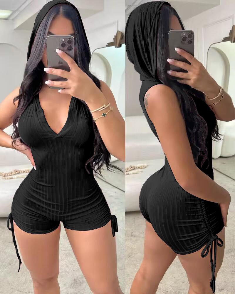 Side Drawstring Slim Fit Sleeveless Hooded Romper, women Rompers, ChicMe catalog - Image 2