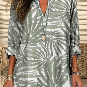Women's Leaf Art Floral Print V-Neck Shirt, Blouses, Lilicloth.com