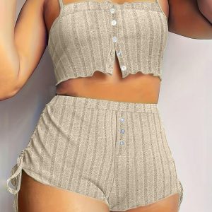 Side Tied Detail Buttoned Ribbed Cami Set, women Cami Sets, ChicMe catalog