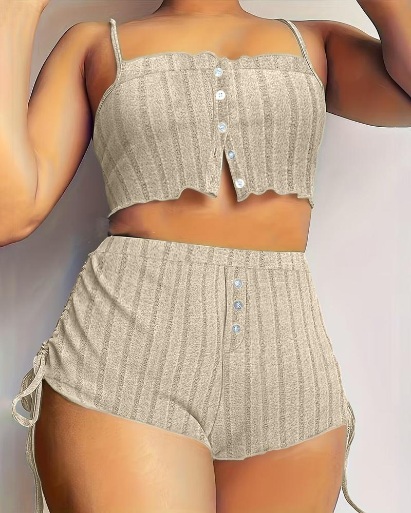 Side Tied Detail Buttoned Ribbed Cami Set, women Cami Sets, ChicMe catalog