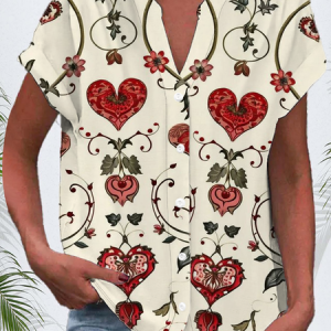 Women's Short Sleeve Shirt Summer Floral Printing V Neck Daily Going Out Casual Top, JustFashionNow Shirts, color:Apricot|size:4XL,