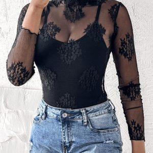 Lace Mock Neck Long Sleeve T-Shirt Sexy See Through Sheer Mesh Top, women T-shirt & Tees, ChicMe catalog
