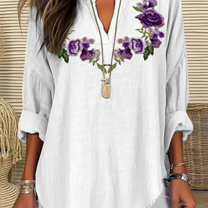 Women's Purple Floral Print Elegant Vintage V-Neck Shirt, Blouses, Lilicloth.com