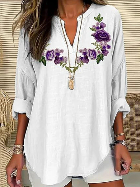 Women's Purple Floral Print Elegant Vintage V-Neck Shirt, Blouses, Lilicloth.com