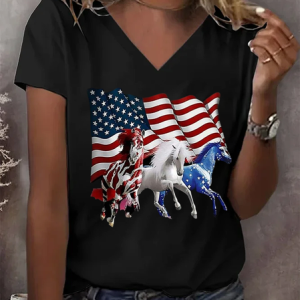 Women Independence Day (Flag) Short Sleeve Tee T-shirt V Neck Printing Casual Summer Graphic Tee Top, JustFashionNow T-Shirts, color:Black|size:XXL,