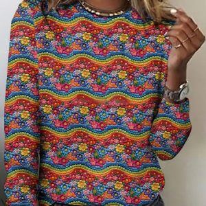 Rainbow Flower Embroidery Long Sleeve T-shirt, Long sleeves, Lilicloth.com