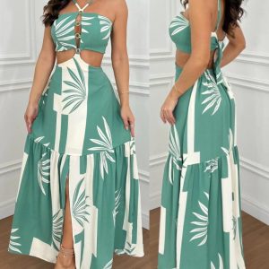 Colorblock Tropical Print Sexy Halter Waist Cutout Maxi Dress Casual Slit Criss Cross A Line Dress, women Print Dresses, ChicMe catalog