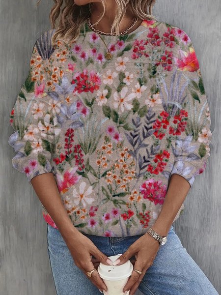 Women's Crew Neck Floral Casual Spring/Fall Cotton Long Sleeve Sweatshirt, JustFashionNow Sweatshirts & Hoodies, color:Pink|size:5XL,