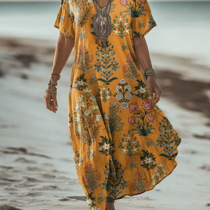 Women Floral V Neck Short Sleeve Comfy Casual Maxi Dress, Maxi, color:Yellow|size:4XL, catalog Noracora shop