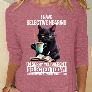 Funny Selective Hearing Cat Casual Long Sleeve Shirt, Long sleeves, Lilicloth.com