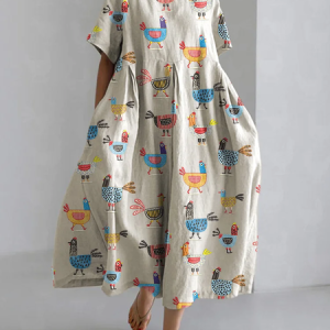 Funny Farm Chicken Embroidery Pattern Linen Blend Casual Dress With No Belt, Dresses, Lilicloth.com