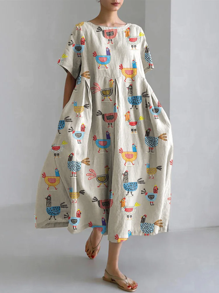 Funny Farm Chicken Embroidery Pattern Linen Blend Casual Dress With No Belt, Dresses, Lilicloth.com