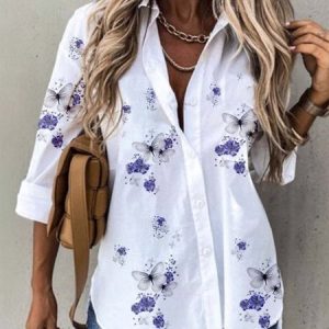 Women Floral Long Sleeve Shirt Spring/Fall Shirt Collar Daily Casual Top, JustFashionNow Blouses, color:Blue|size:4XL,