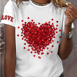 Women's Valentine's Day Love Heart Print Short Sleeve Round Neck T-Shirt, JustFashionNow T-Shirts, color:Red|size:XXL,