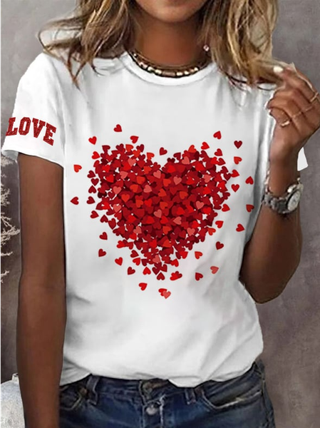 Women's Valentine's Day Love Heart Print Short Sleeve Round Neck T-Shirt, JustFashionNow T-Shirts, color:Red|size:XXL,