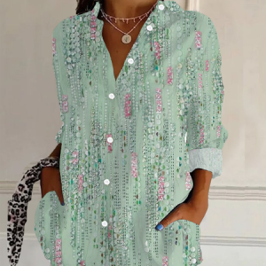 Women's Floral Long Sleeve Shirt Spring/Fall Buckle Shirt Collar Daily Casual Top, JustFashionNow Shirts, color:Green|size:XXL,
