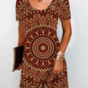 Women's Short Sleeve Summer Ethnic Jersey Dress Crew Neck Daily Going Out Casual Mini H-Line TUNIC, JustFashionNow Dresses, color:Brown|size:XXL,