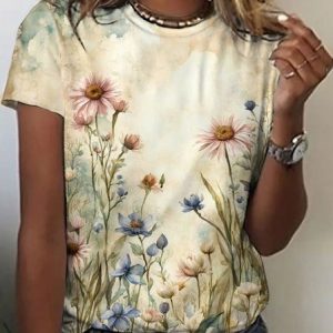 Crew Neck Floral Casual T-Shirt, T-shirts, Lilicloth.com