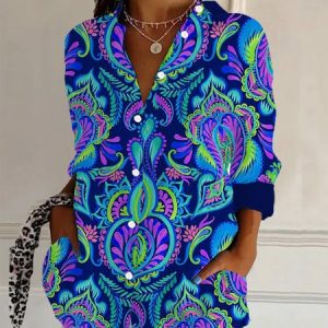 Women's Long Sleeve Shirt Spring/Fall Ethnic Shirt Collar Daily Going Out Casual Top, JustFashionNow Shirts, color:Blue|size:XXL,