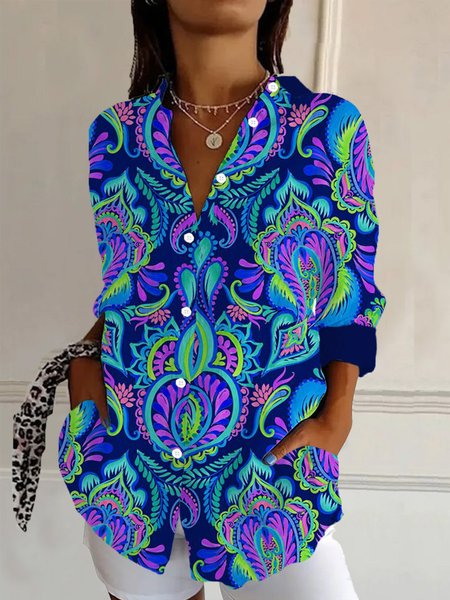 Women's Long Sleeve Shirt Spring/Fall Ethnic Shirt Collar Daily Going Out Casual Top, JustFashionNow Shirts, color:Blue|size:XXL,