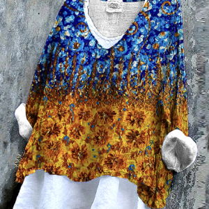 Casual Floral V Neck Long Sleeve T-shirt, T-shirts, color:Blue|size:4XL, catalog Noracora shop