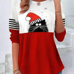 Women's Long Sleeve Tee T-shirt Spring/Fall Cat Printing Jersey Crew Neck Holiday Going Out Casual Top, JustFashionNow T-Shirts, color:Red|size:XXL,