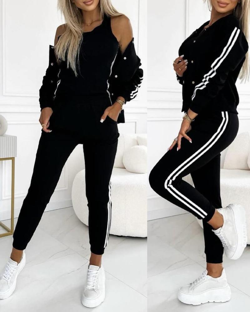 3 Piece Outfits Matching Sets Striped Tape Patch Tank Tops Button Front Jacket Cuffed Pants with Pockets Tracksuit, women Two-piece Sets, ChicMe catalog - Image 3