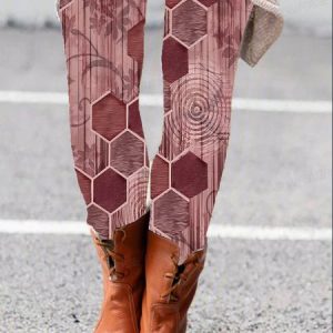 Women's Casual Geometric Jersey All Season Long Leggings, JustFashionNow Leggings, color:Brick Red|size:XXL,