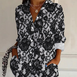Women's Long Sleeve Shirt Spring/Fall Floral Buckle Shirt Collar Daily Going Out Casual Top, JustFashionNow Shirts, color:Black|size:3XL,