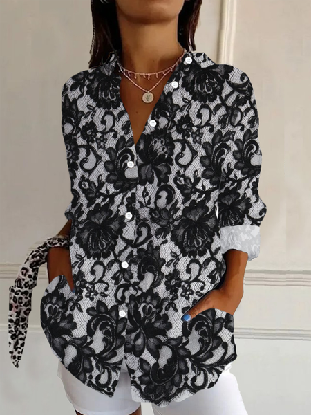Women's Long Sleeve Shirt Spring/Fall Floral Buckle Shirt Collar Daily Going Out Casual Top, JustFashionNow Shirts, color:Black|size:3XL,