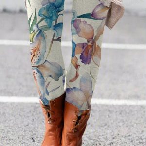 Women's Casual Floral Jersey All Season Long Leggings, JustFashionNow Leggings, color:Gray|size:XXL,