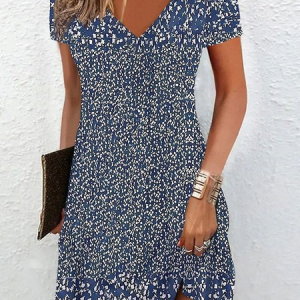 Women Ditsy Floral Short Sleeve Summer Printing Dress V Neck Daily Casual Knee Length T-Shirt Dress H-Line Dress, JustFashionNow Casual Dresses, color:Purplish Blue|size:XXL