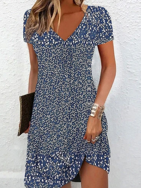 Women Ditsy Floral Short Sleeve Summer Printing Dress V Neck Daily Casual Knee Length T-Shirt Dress H-Line Dress, JustFashionNow Casual Dresses, color:Purplish Blue|size:XXL