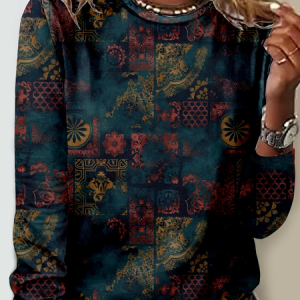 Ethnic Jersey Casual Loose T-Shirt, Long sleeves, Lilicloth.com