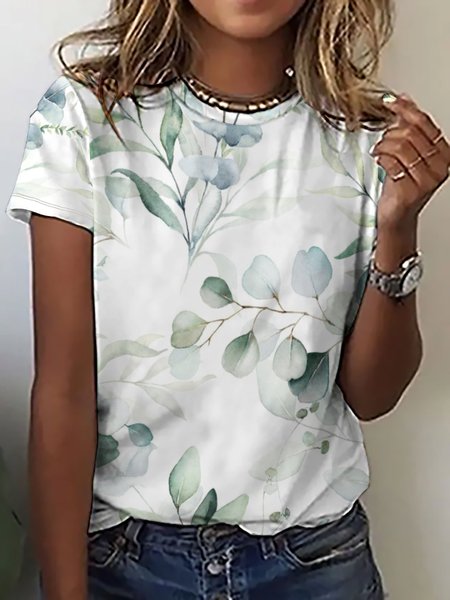 Casual Simple Leaf Print Crew Neck T-Shirt, T-shirts, Lilicloth.com - Image 2