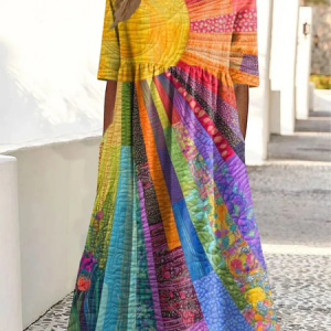 Women Hippie Short Sleeve Summer Printing Dress Crew Neck Daily Casual Maxi Shift Dress H-Line Dress, JustFashionNow Casual Dresses, color:As Picture|size:3XL,